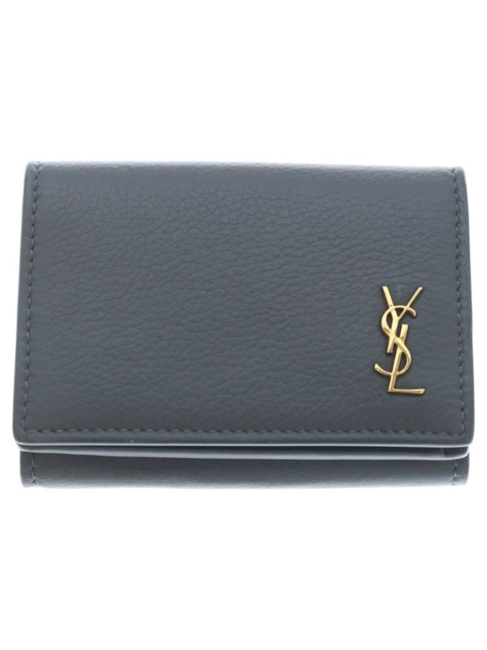 Saint Laurent Paris Trifold Wallet Compact Coin Purse Gray Leather Gold